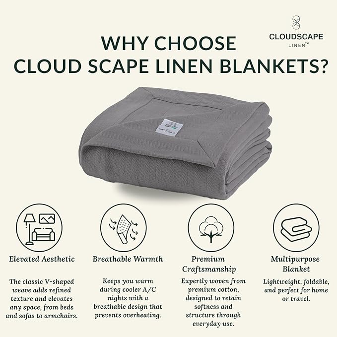 Cloud Scape Linen 100% Cotton Queen Size Blanket, Herringbone Pattern, Lightweight Summer Blanket,Best Gifts for Women, fits Full Size Bed, 92 x 92, Dark Grey