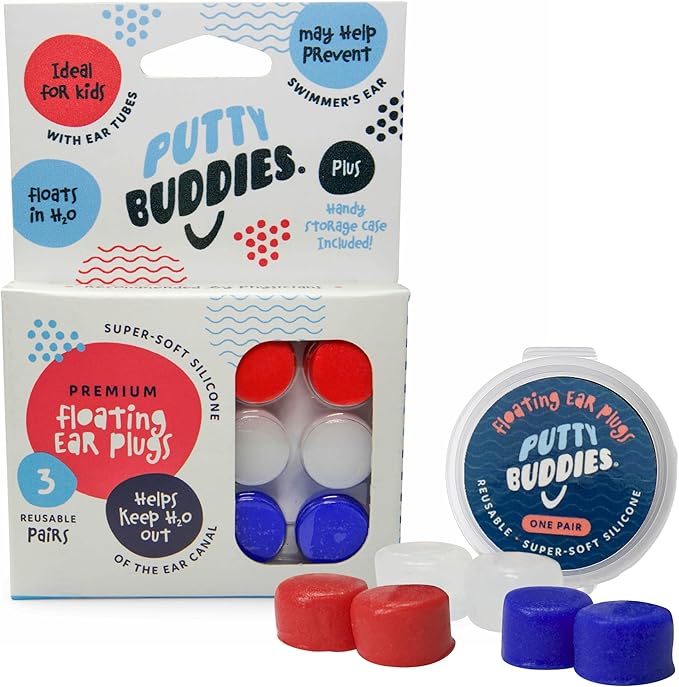 Earvolution Floating Putty Buddies Ear Plugs for Swimming - Invented by an Ear Physician - Moldable, Premium, Silicone - Floats on Water - Waterproof - Made in The USA - 3 Pack - Red/White/Blue