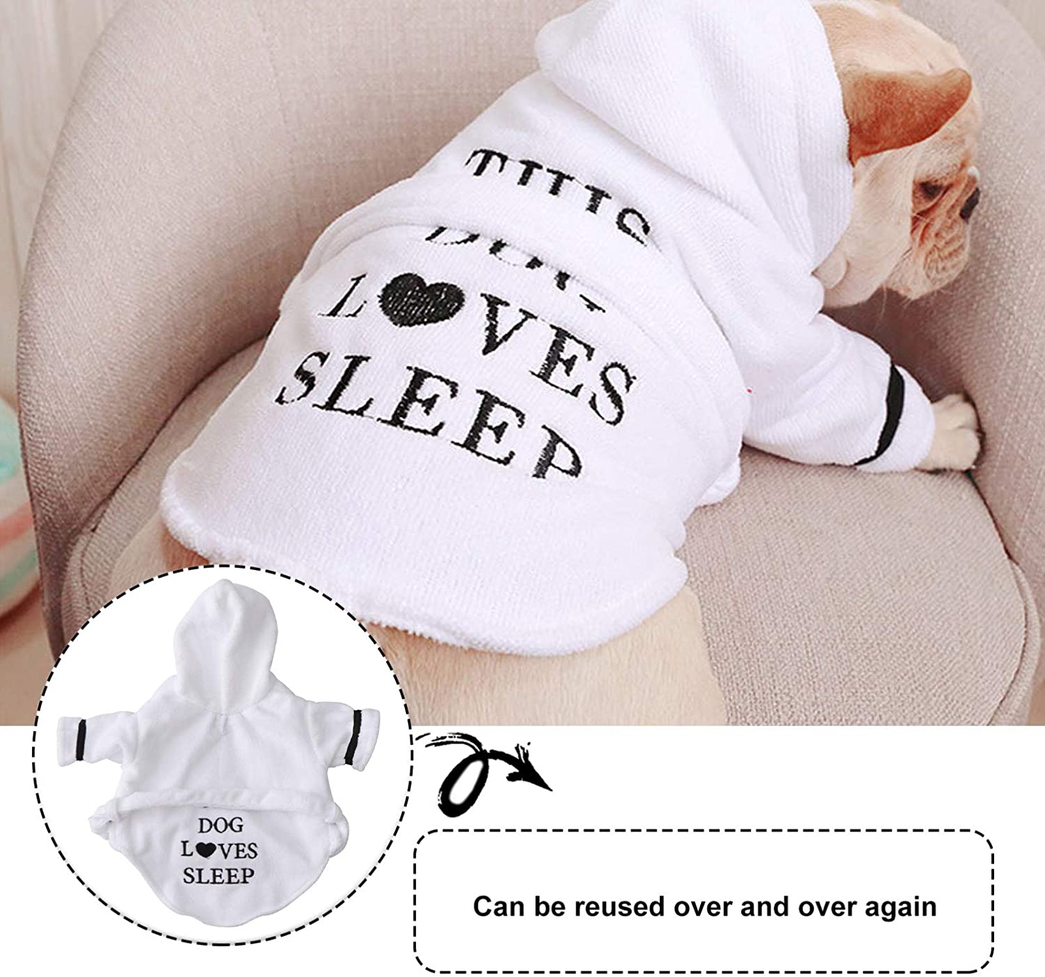 White Pet Bath Robe with Hood and Fun Lettering for Dogs - Image 10
