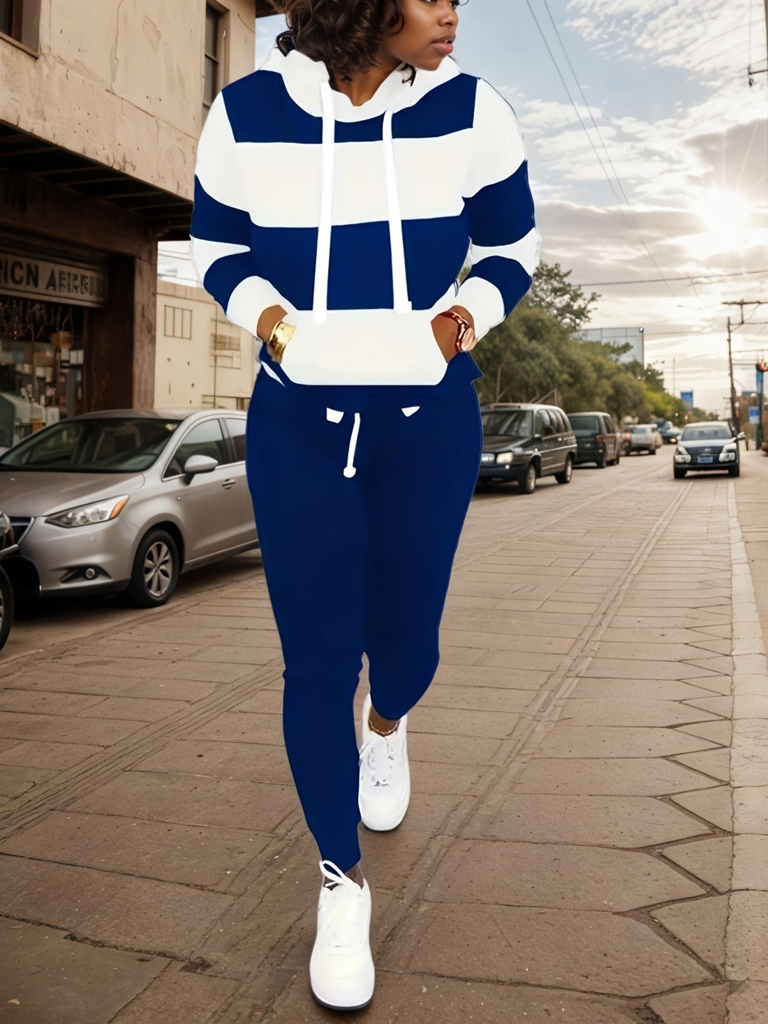 Women's Striped Hooded Sweatshirt and Jogger Two Piece Set