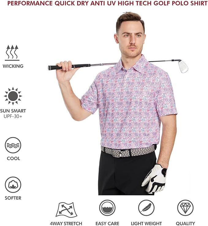 Men's Striped Performance Golf Polo Shirt Moisture Wicking Dry Fit