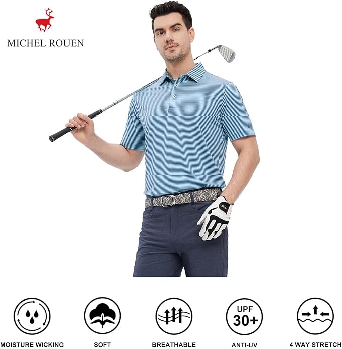 Mens Striped Performance Golf Polo Shirt - Moisture Wicking Dry Fit