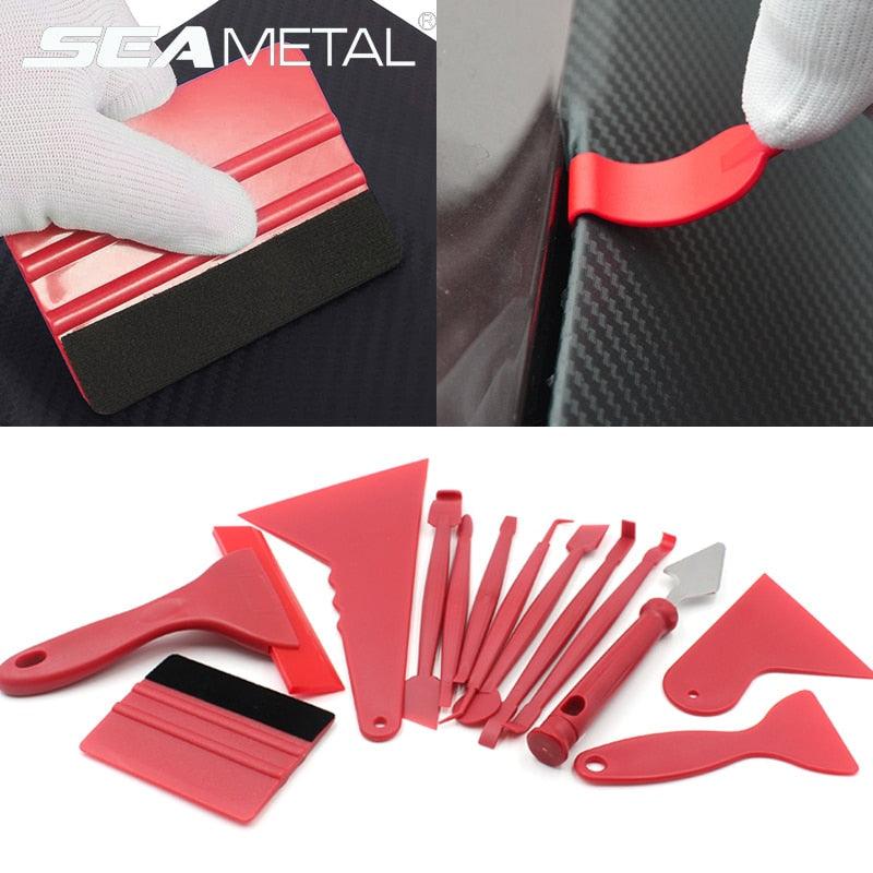 A 13-piece professional car vinyl wrapping tool kit including felt-edge squeegees and a cutting knife on a neutral background.