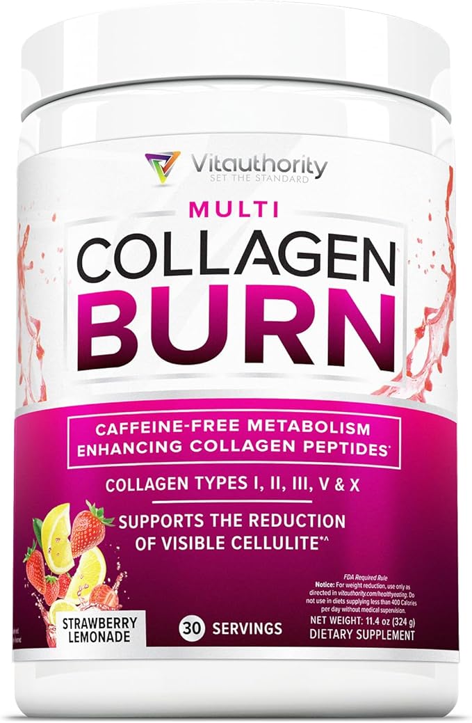 Multi Collagen Burn: Hydrolyzed Protein Peptides with Hyaluronic Acid, Vitamin C, SOD B Dimpless, Types I, II, III, V and X, Caffeine-Free Strawberry Lemonade Flavored 30 Servings