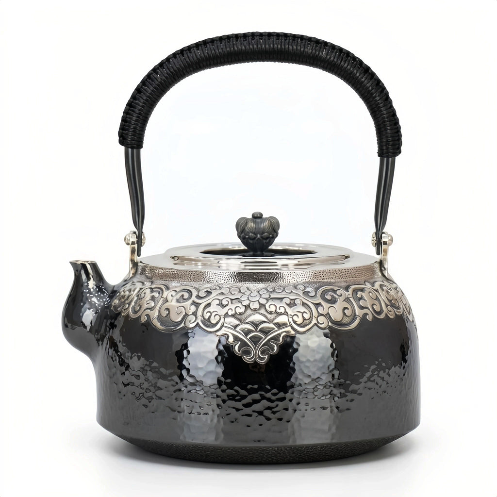925 Sterling Silver Hand-Hammered Silver Teapot with Intricate Filigree Engraving and Wrapped Handle - Handicraft