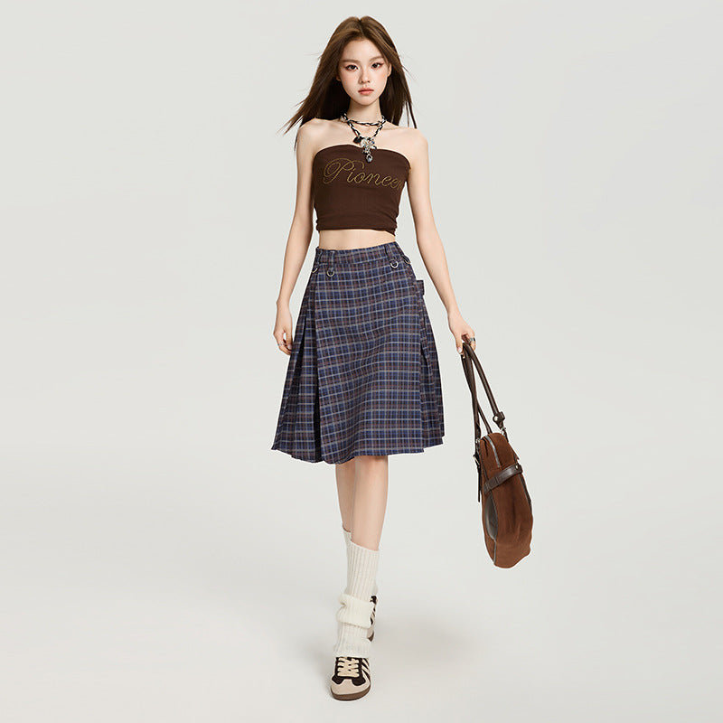 Women's Blue Plaid A-Line Pleated Midi Skirt, College Style - Image 2