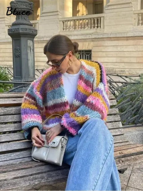 Women Striped Crochet Cardigan Playful Colorful Knit Sweater - Image 5