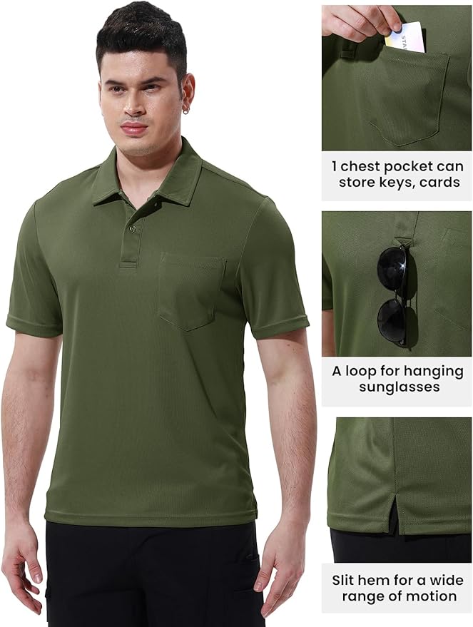 Men's Short Sleeve Quick Dry Polo Shirt with Chest Pocket for Golf