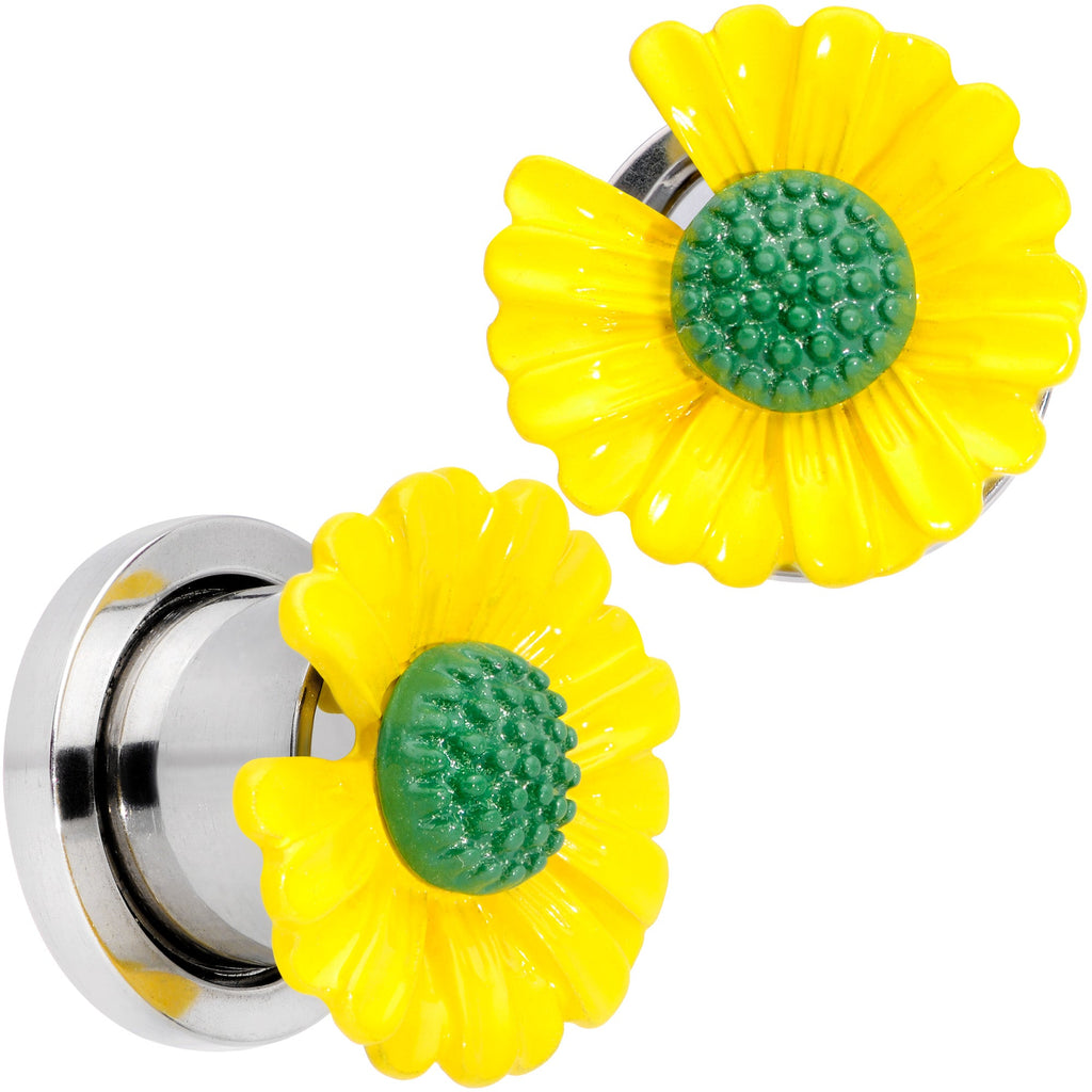 Yellow Daisy Flower Screw Fit Stainless Steel Ear Plug Set - Image 3