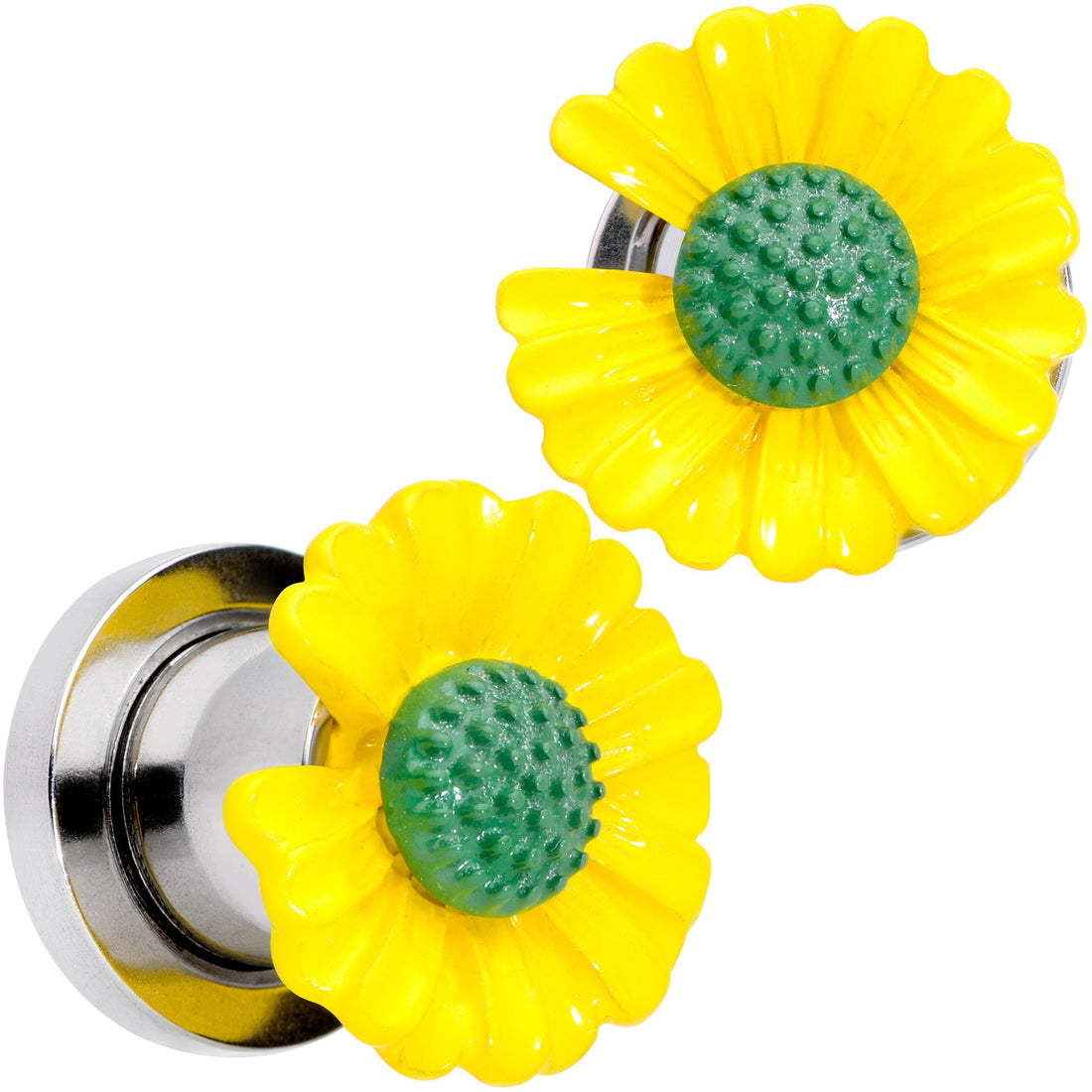 Yellow Daisy Flower Screw Fit Stainless Steel Ear Plug Set - Image 4