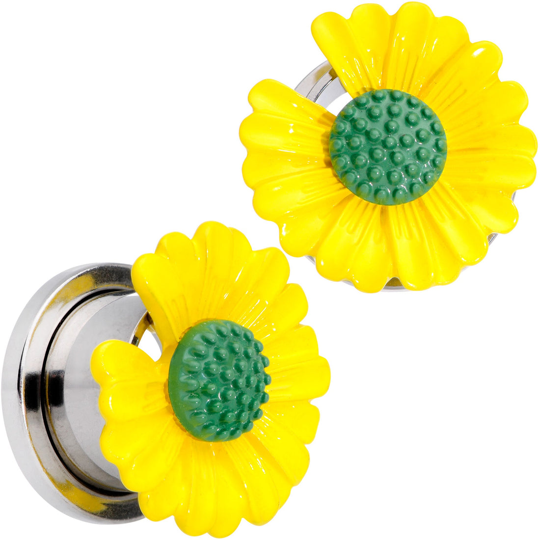 Yellow Daisy Flower Screw Fit Stainless Steel Ear Plug Set - Image 7