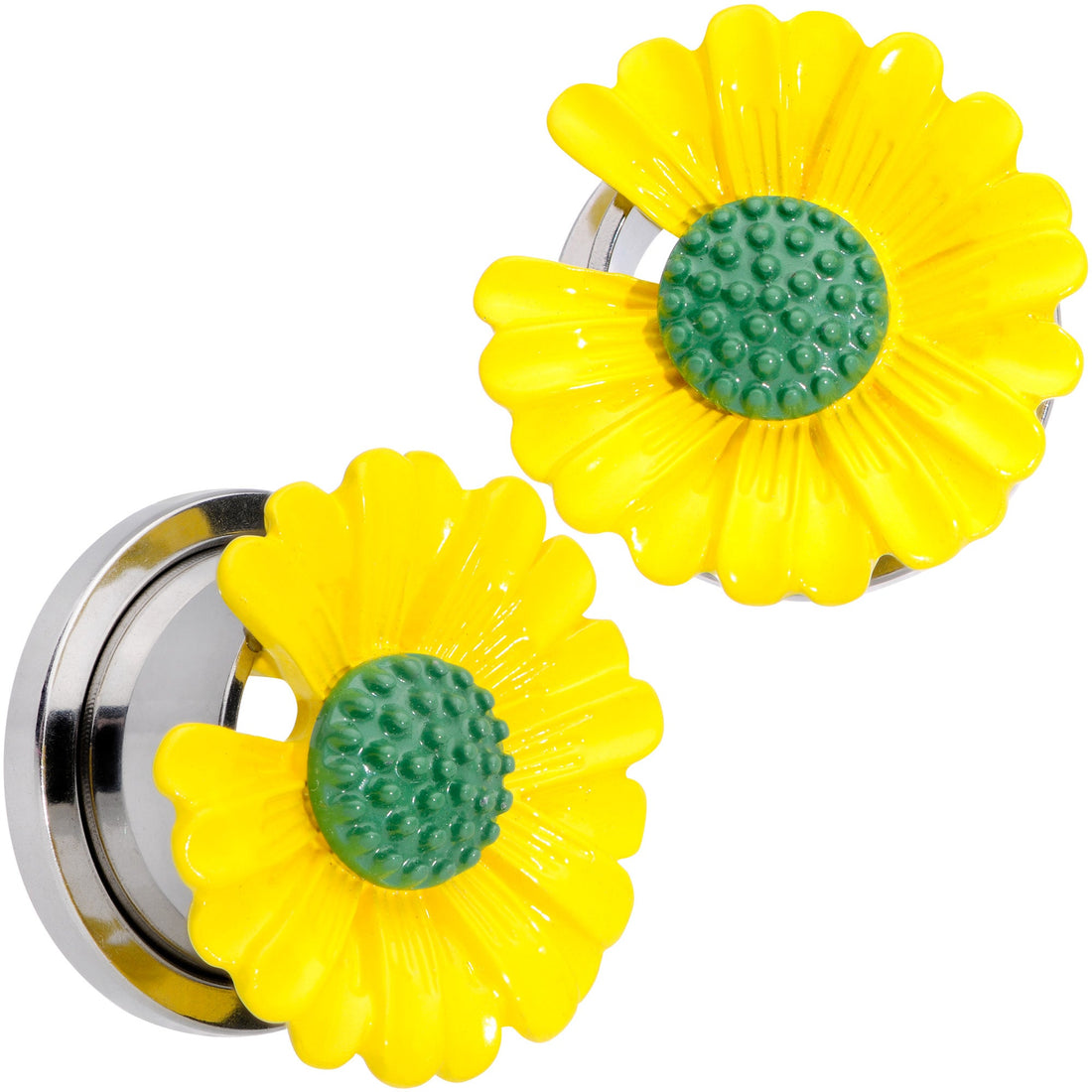 Yellow Daisy Flower Screw Fit Stainless Steel Ear Plug Set - Image 8