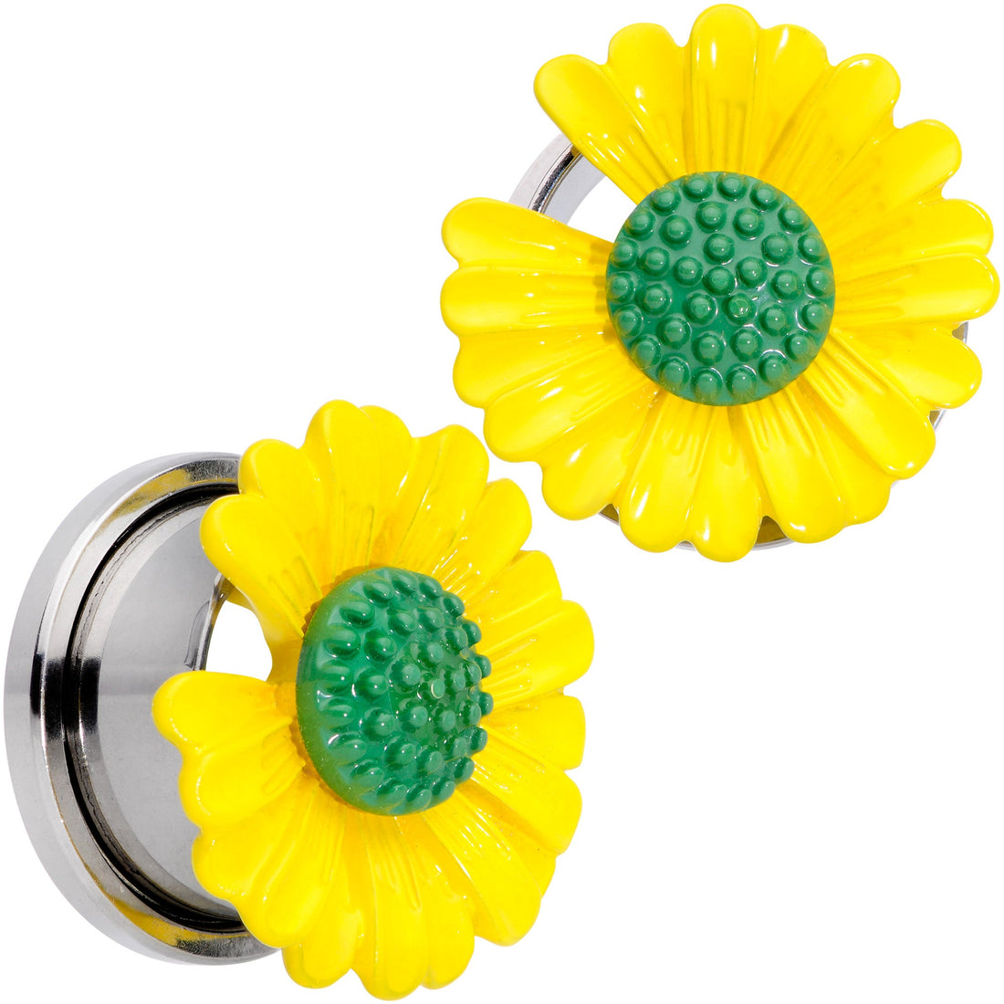 Yellow Daisy Flower Screw Fit Stainless Steel Ear Plug Set - Image 9