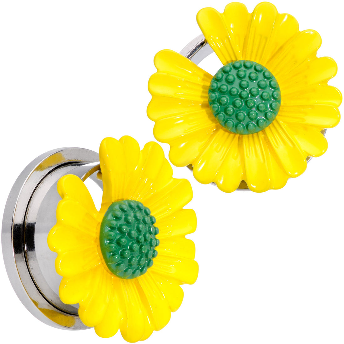 Yellow Daisy Flower Screw Fit Stainless Steel Ear Plug Set - Image 10
