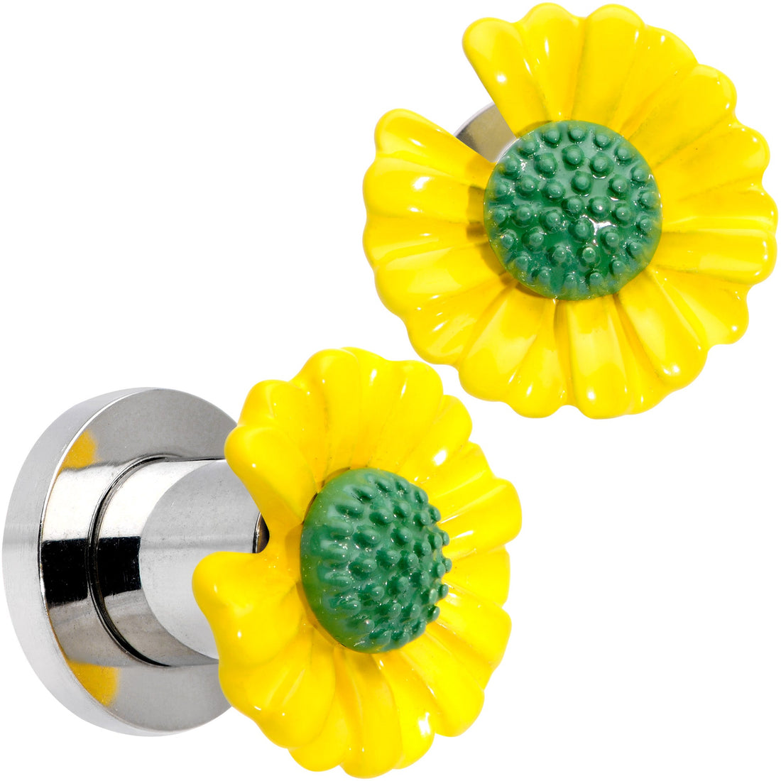 Yellow Daisy Flower Screw Fit Stainless Steel Ear Plug Set - Image 6
