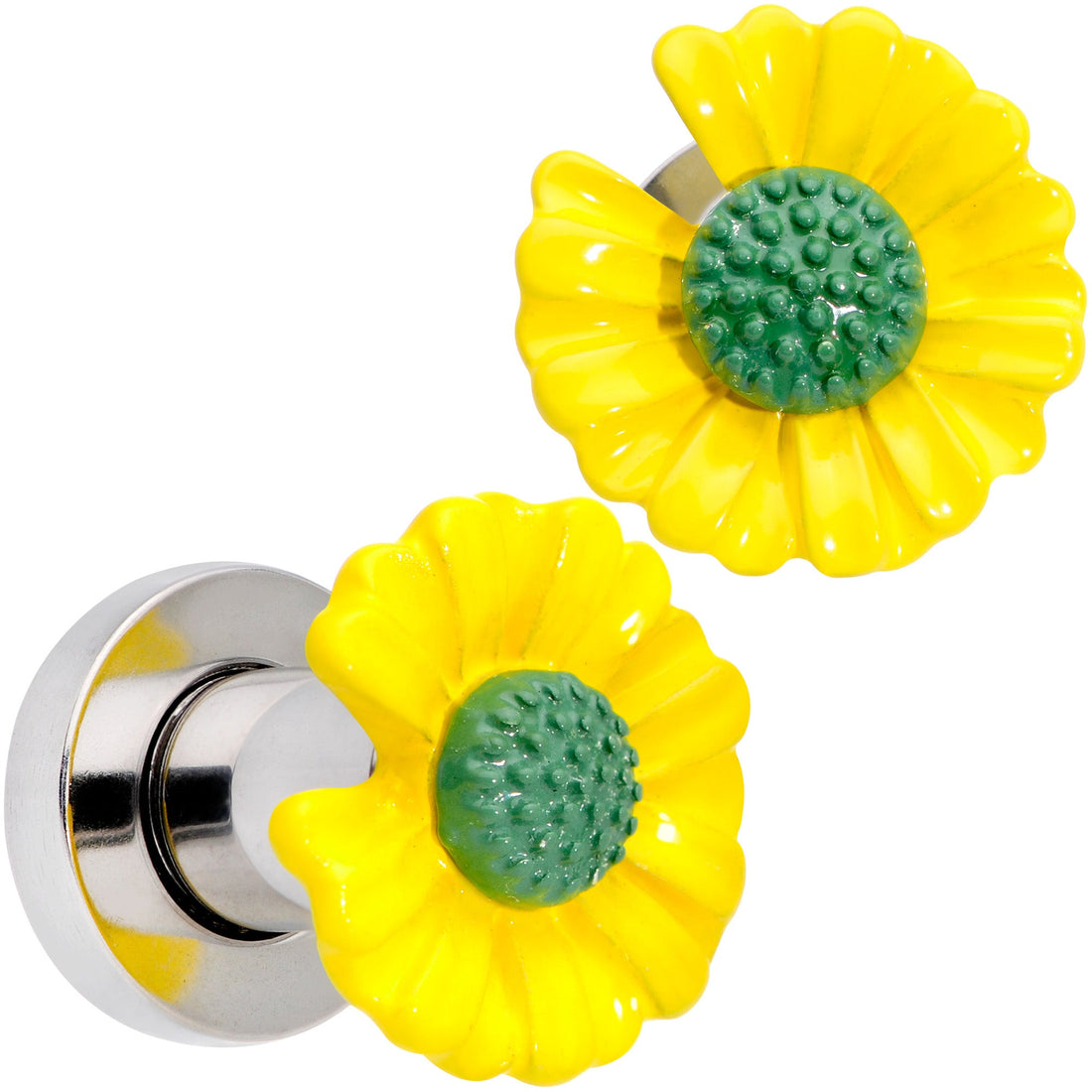 Yellow Daisy Flower Screw Fit Stainless Steel Ear Plug Set - Image 5