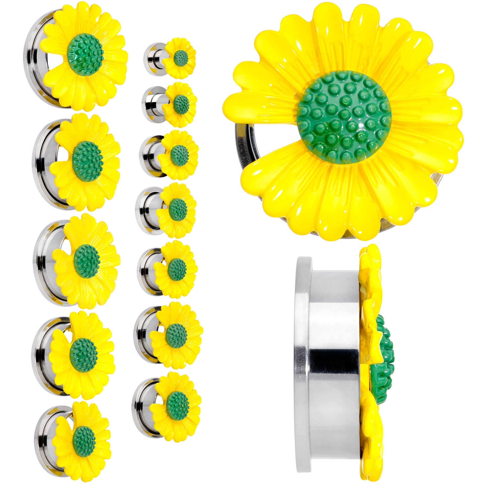 A set of yellow daisy flower screw fit plugs made from 316L surgical grade stainless steel.