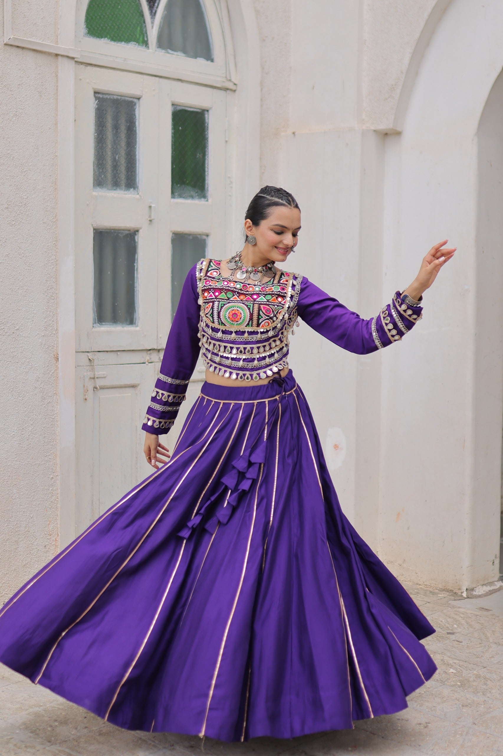 Lorenvalley Fashion Purple Roman Silk with Attractive Gota-Patti Lace Lehenga Choli