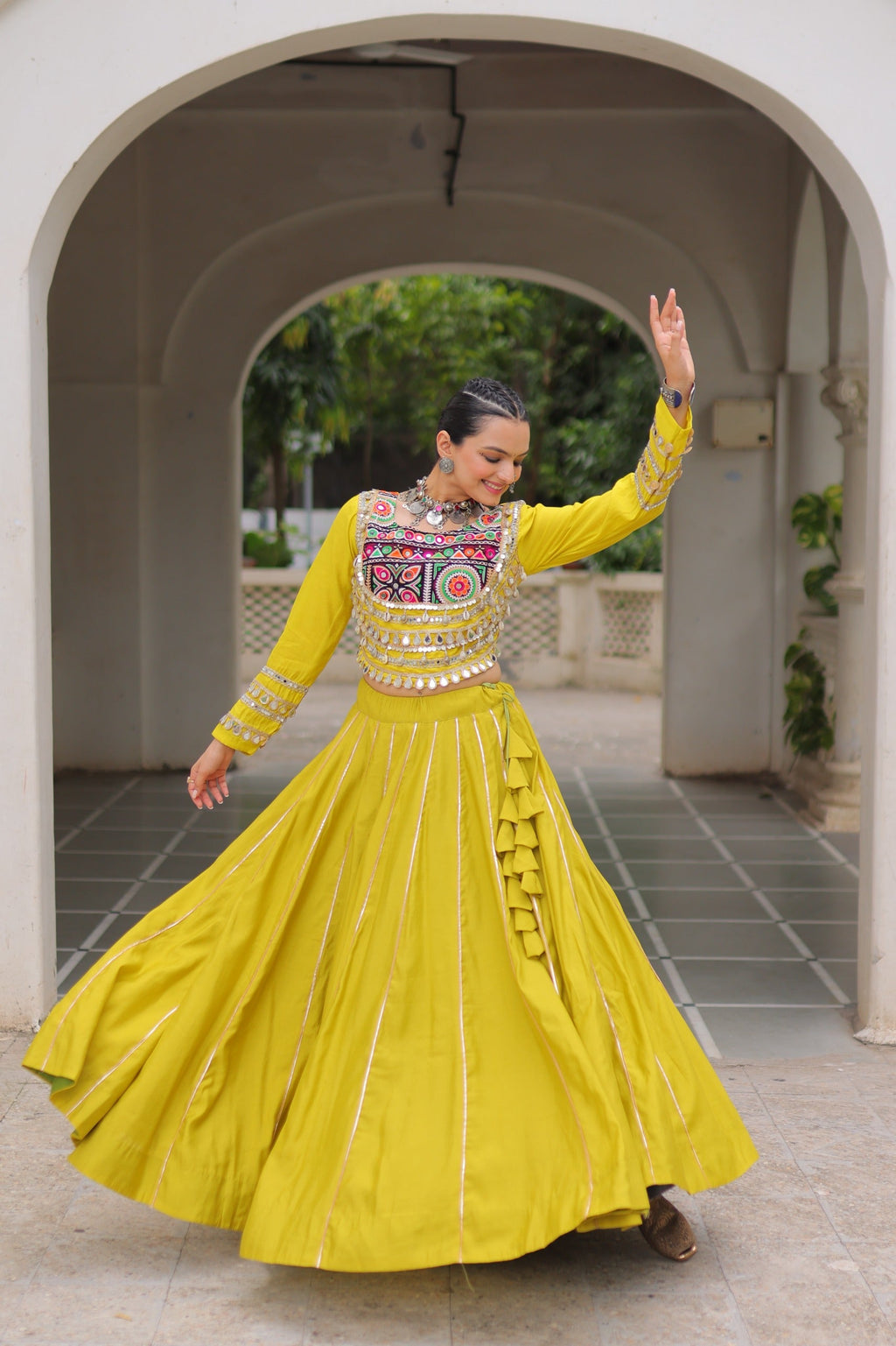 Yellow Roman Silk Lehenga Choli with Gota-Patti Lace
