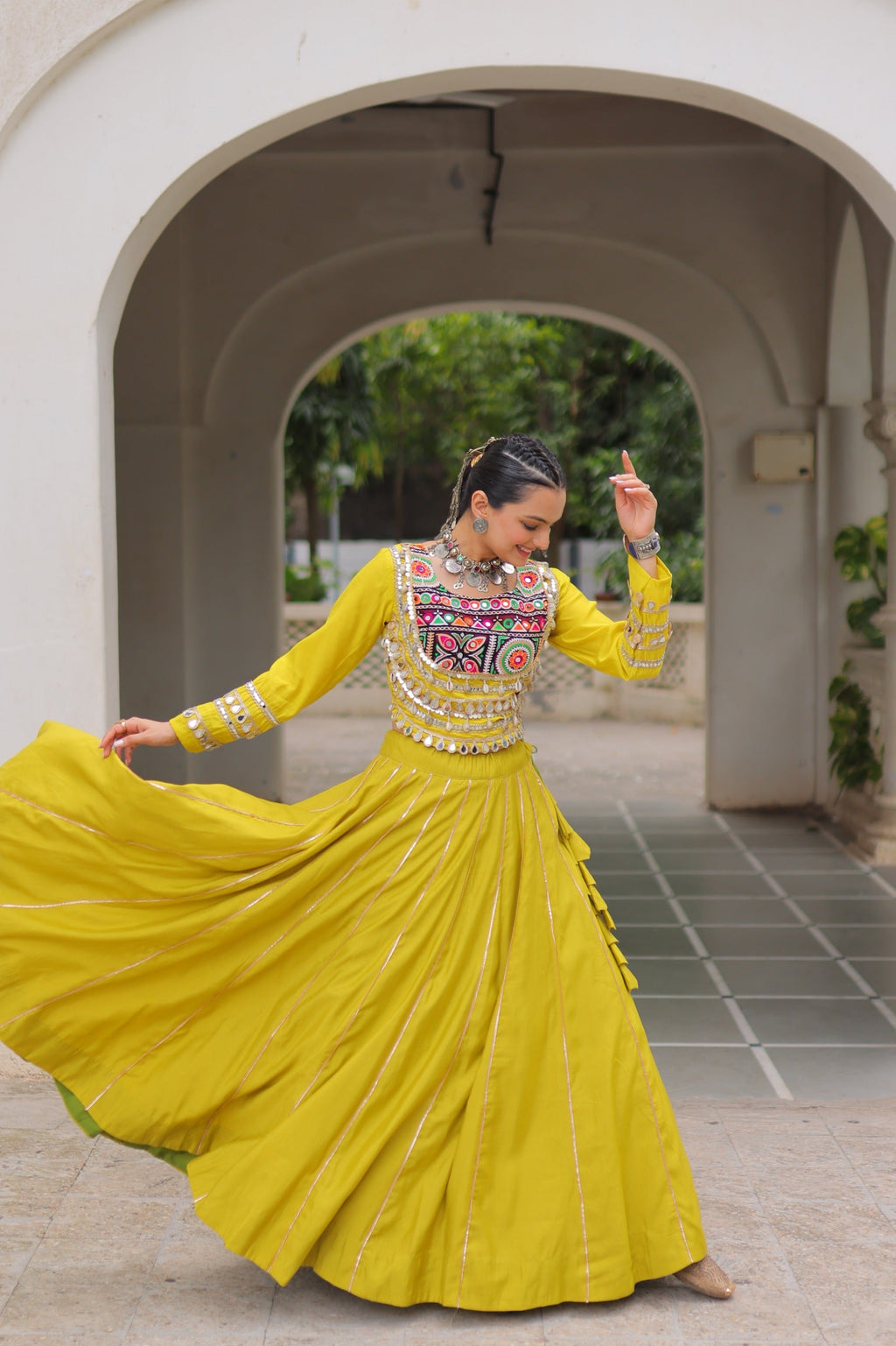 Yellow Roman Silk Lehenga Choli with Gota-Patti Lace