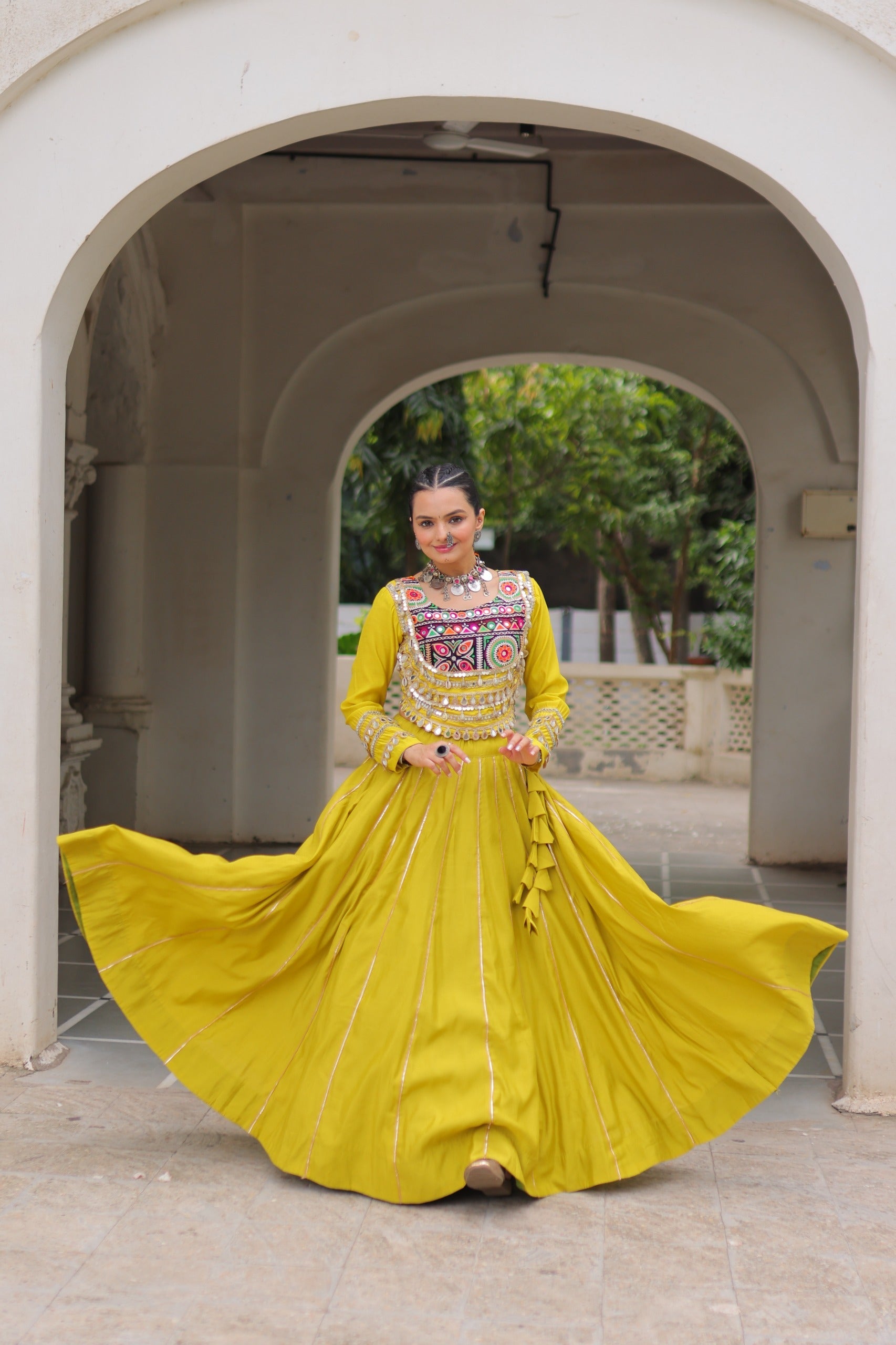 Yellow Roman Silk Lehenga Choli with Gota-Patti Lace