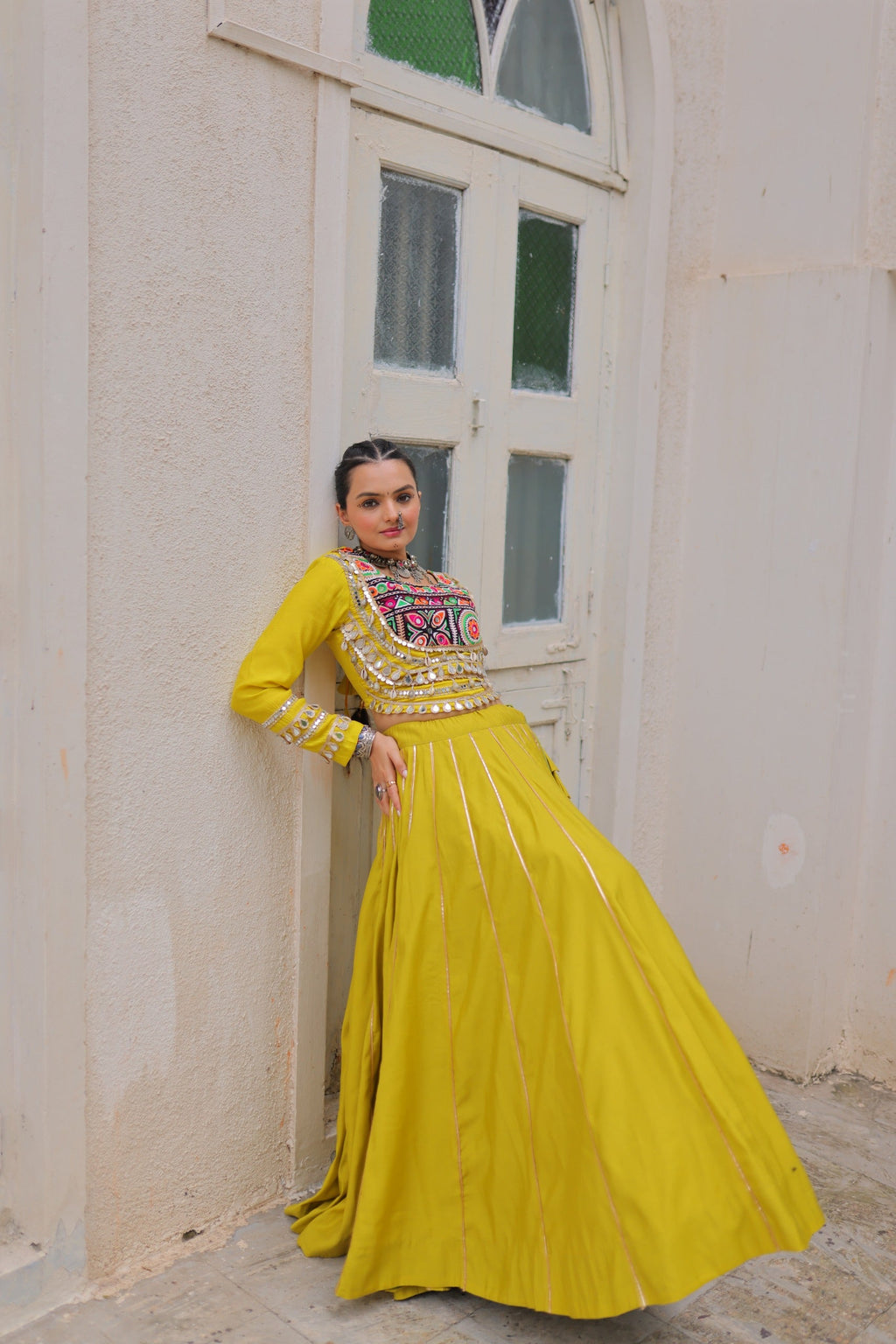 Yellow Roman Silk Lehenga Choli with Gota-Patti Lace
