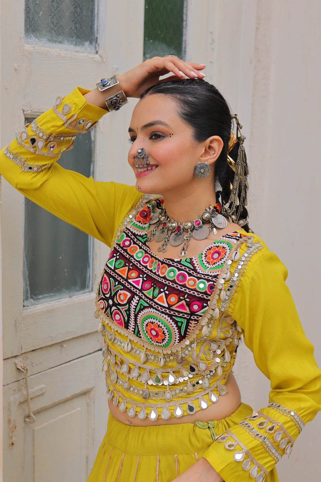 Yellow Roman Silk Lehenga Choli with Gota-Patti Lace