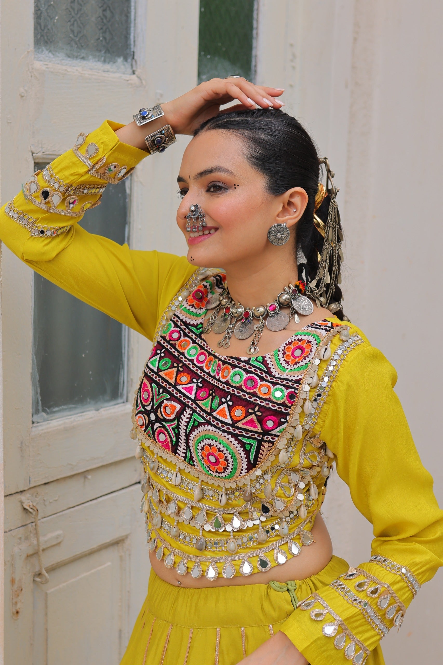 Yellow Roman Silk Lehenga Choli with Gota-Patti Lace
