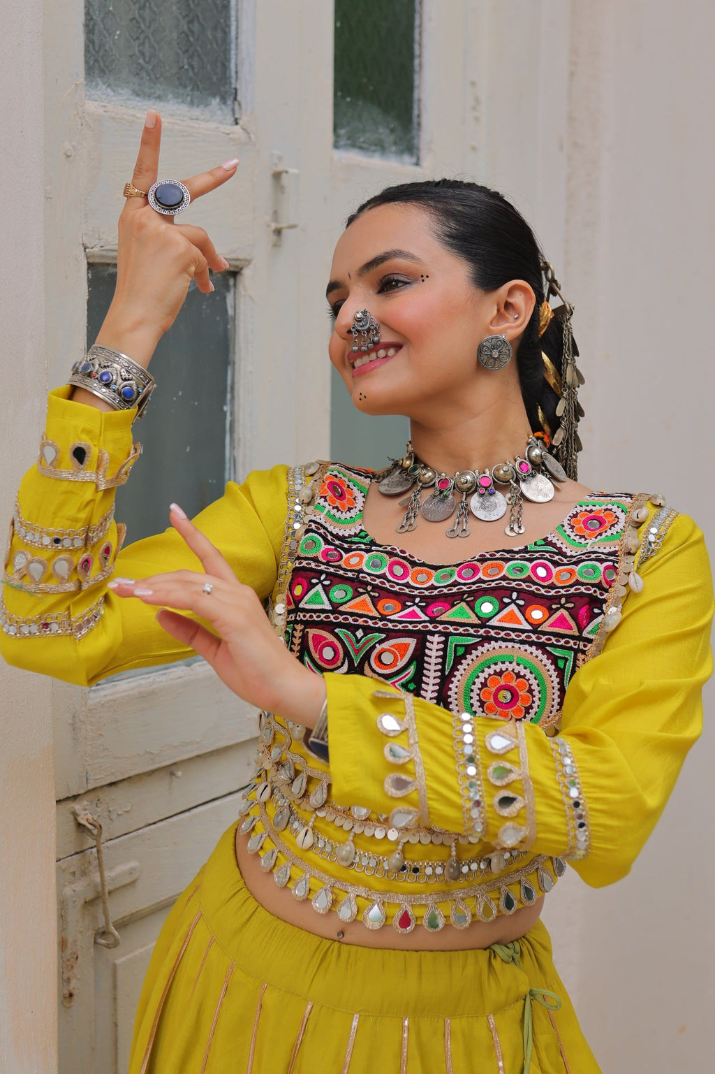 Yellow Roman Silk Lehenga Choli with Gota-Patti Lace