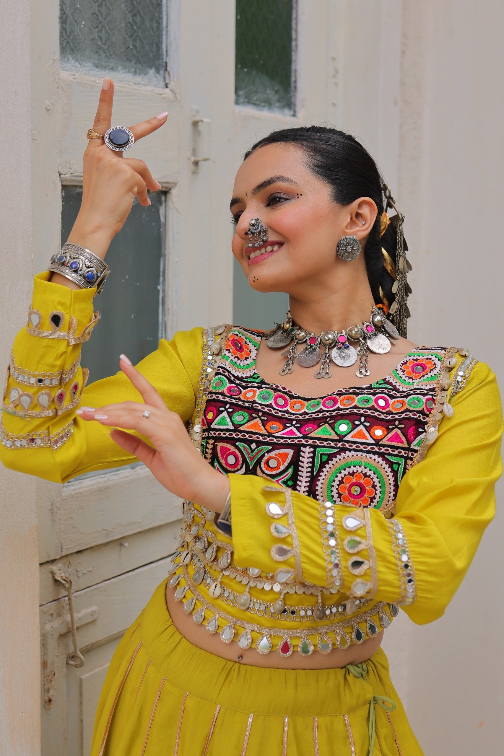Yellow Roman Silk Lehenga Choli with Gota-Patti Lace