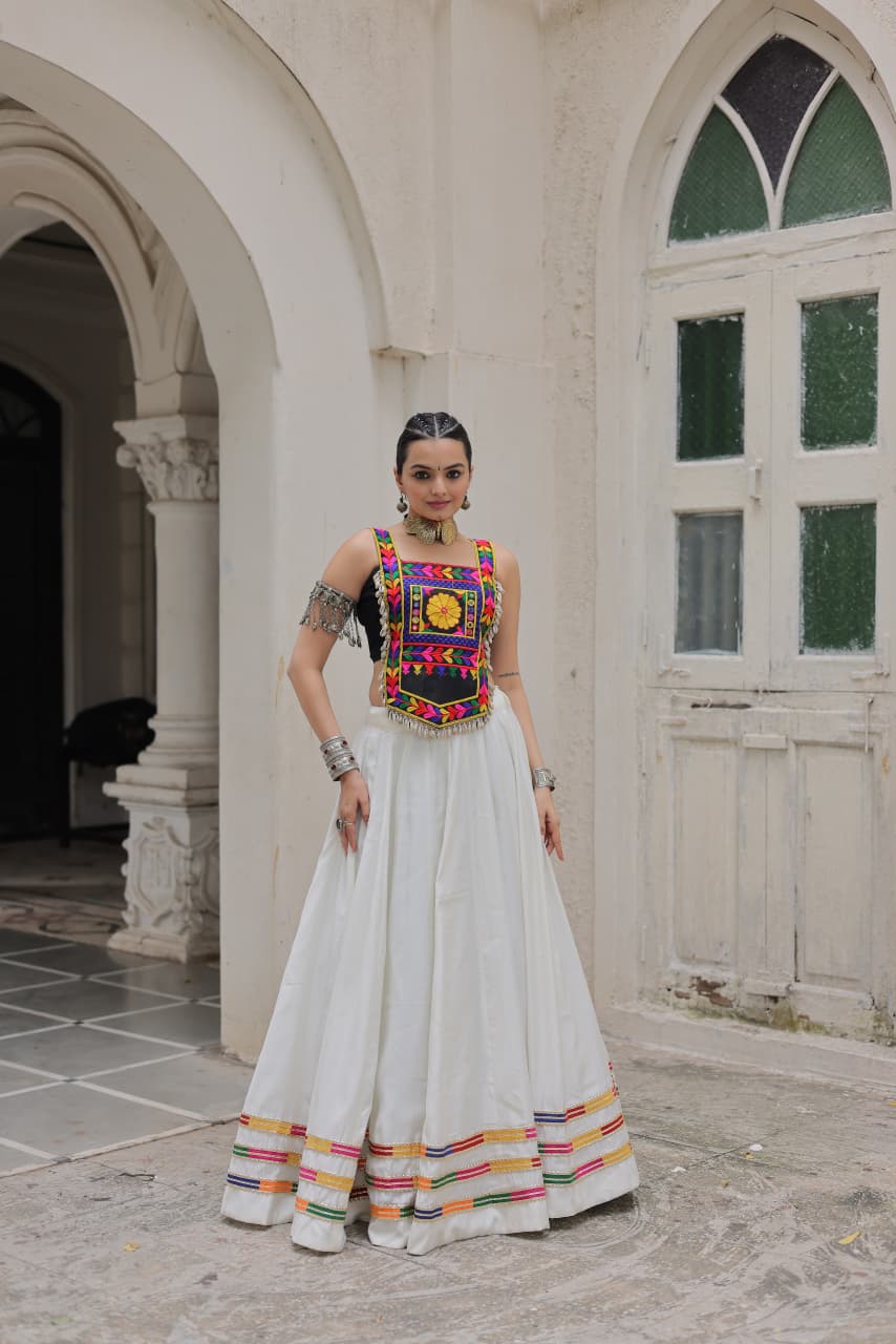 White Roman Silk lehenga choli featuring intricate Gota-Patti lace work