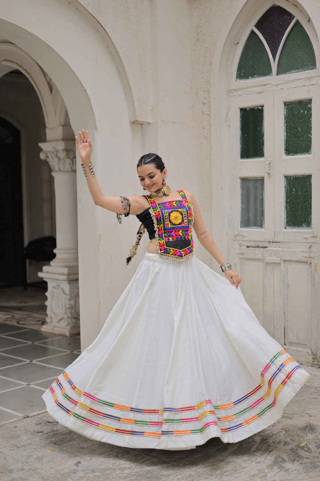White Roman Silk Lehenga Choli with Gota-Patti Lace Work