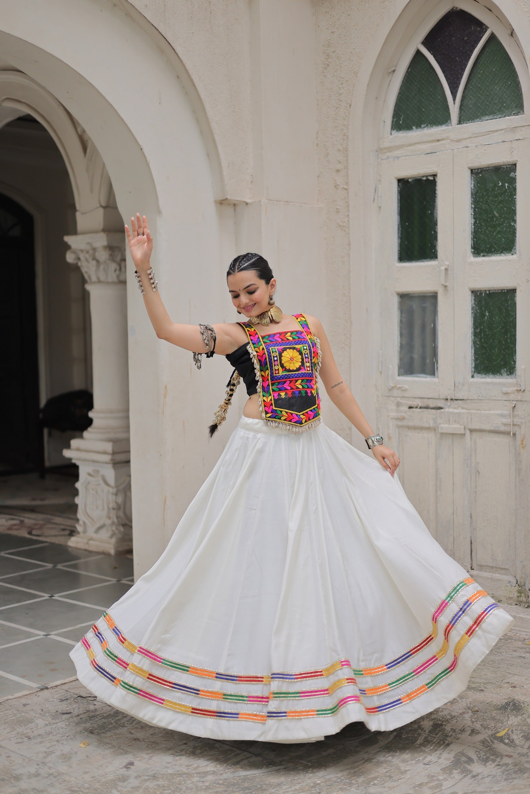 White Roman Silk Lehenga Choli with Gota-Patti Lace Work