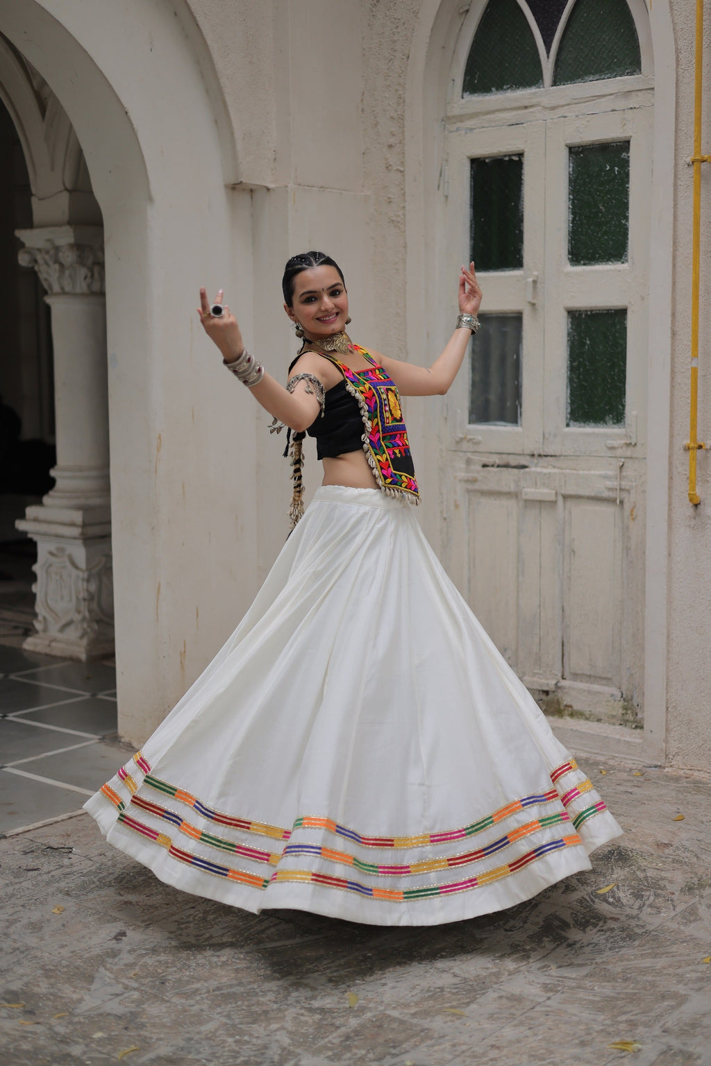 White Roman Silk Lehenga Choli with Gota-Patti Lace Work