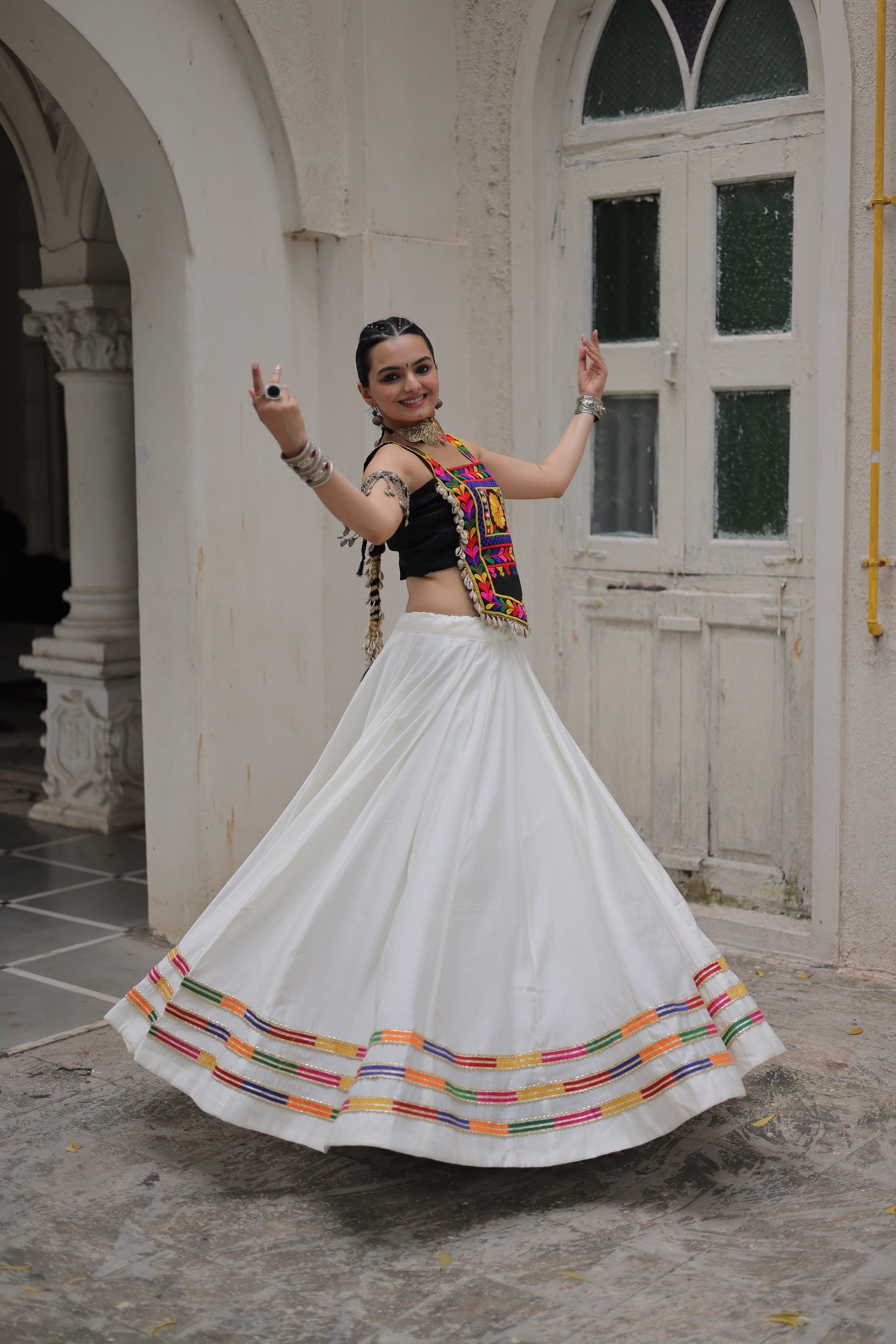 White Roman Silk Lehenga Choli with Gota-Patti Lace Work