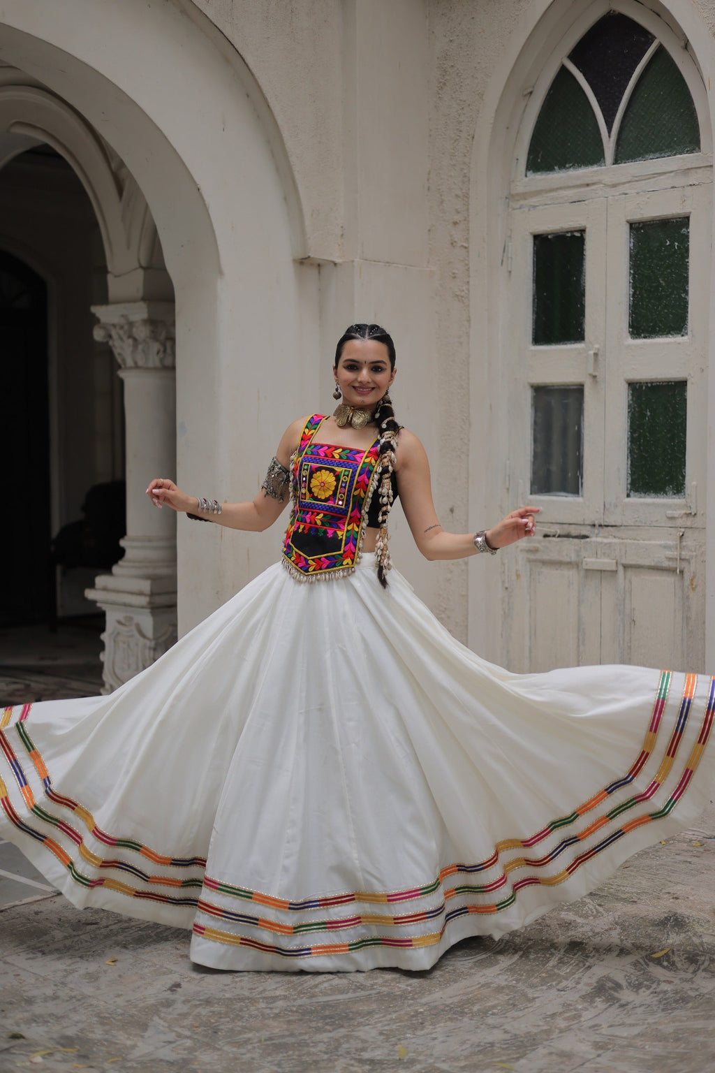 White Roman Silk Lehenga Choli with Gota-Patti Lace Work