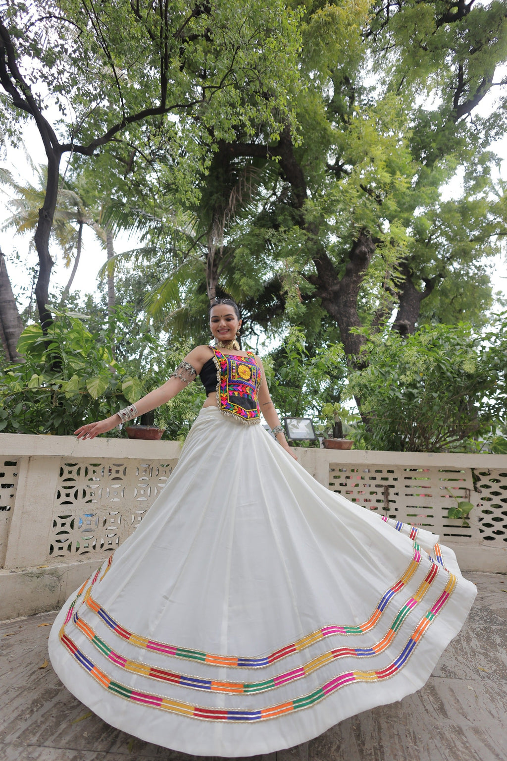 White Roman Silk Lehenga Choli with Gota-Patti Lace Work