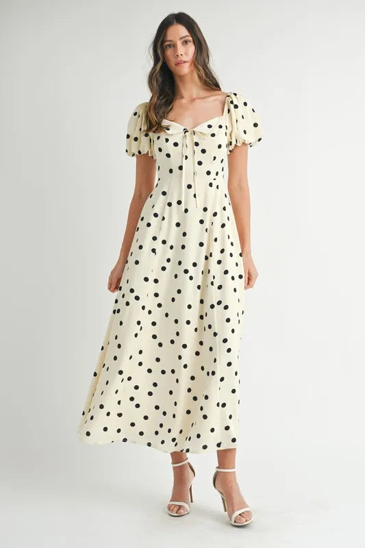 Vintage Polka Dot Puff Sleeve Midi Dress with Retro Flutter