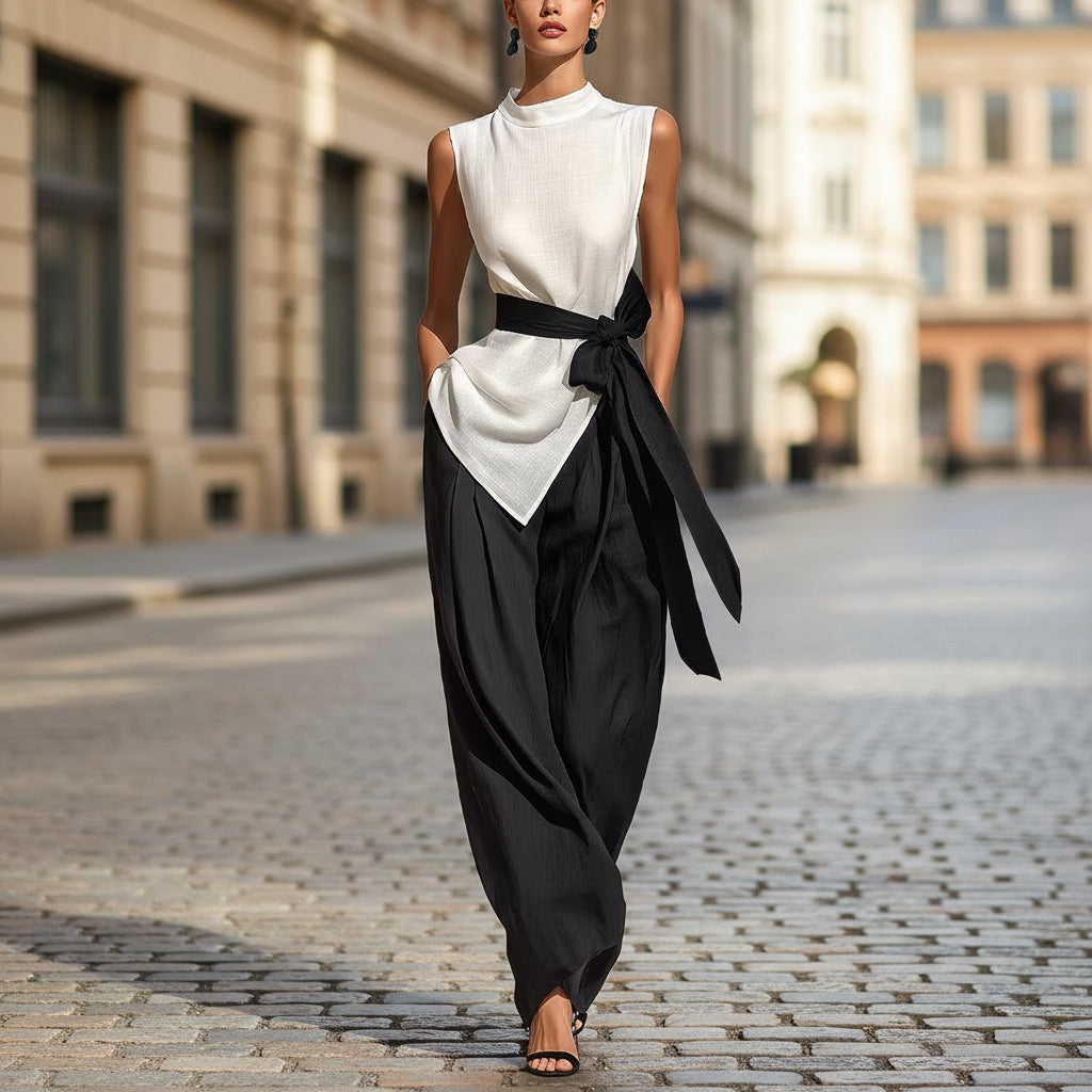 Women's Sleeveless Top and Wide-Leg Pants Set in White and Black