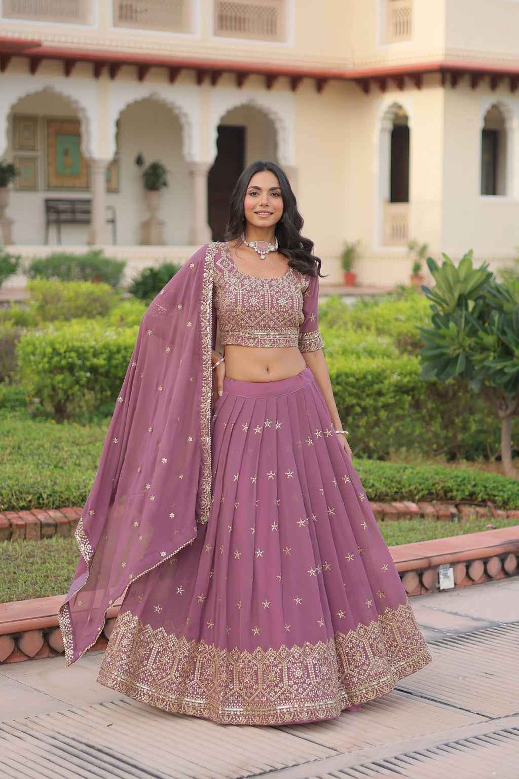 Lorenvalley Fashion Onion Pink Faux Georgette With Sequins & Zari Multi Embroidered work Lehenga Choli with Dupatta