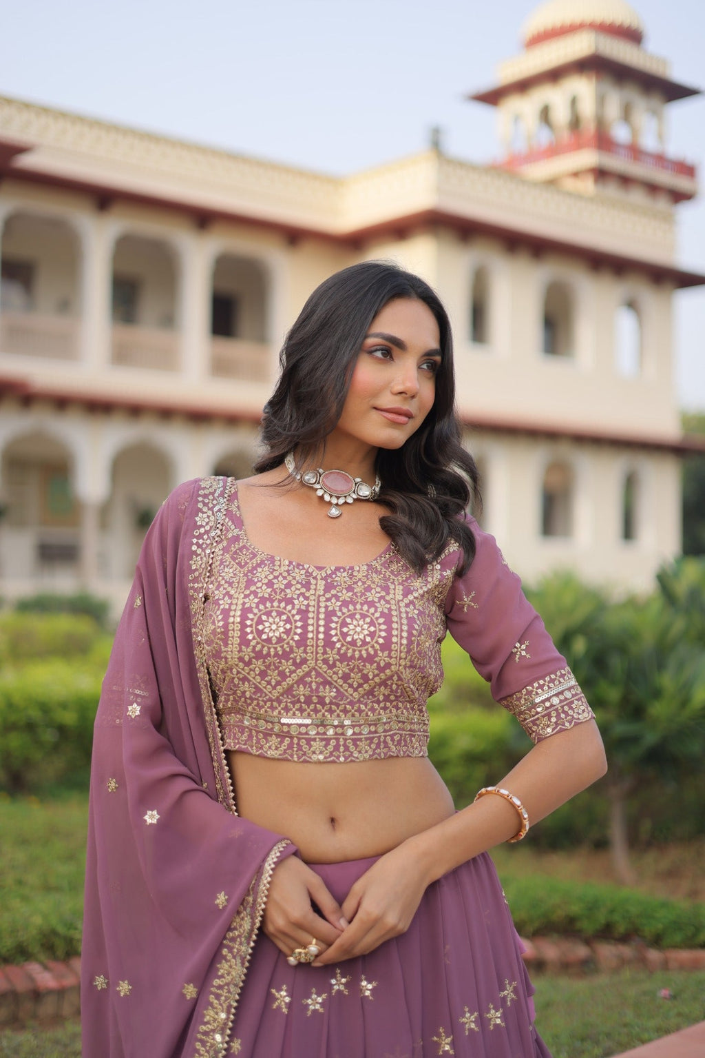 Lorenvalley Fashion Onion Pink Faux Georgette With Sequins & Zari Multi Embroidered work Lehenga Choli with Dupatta