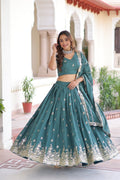 Rama Vichitra Silk Lehenga Choli in deep teal with gold zari and sequin embroidery for formal events
