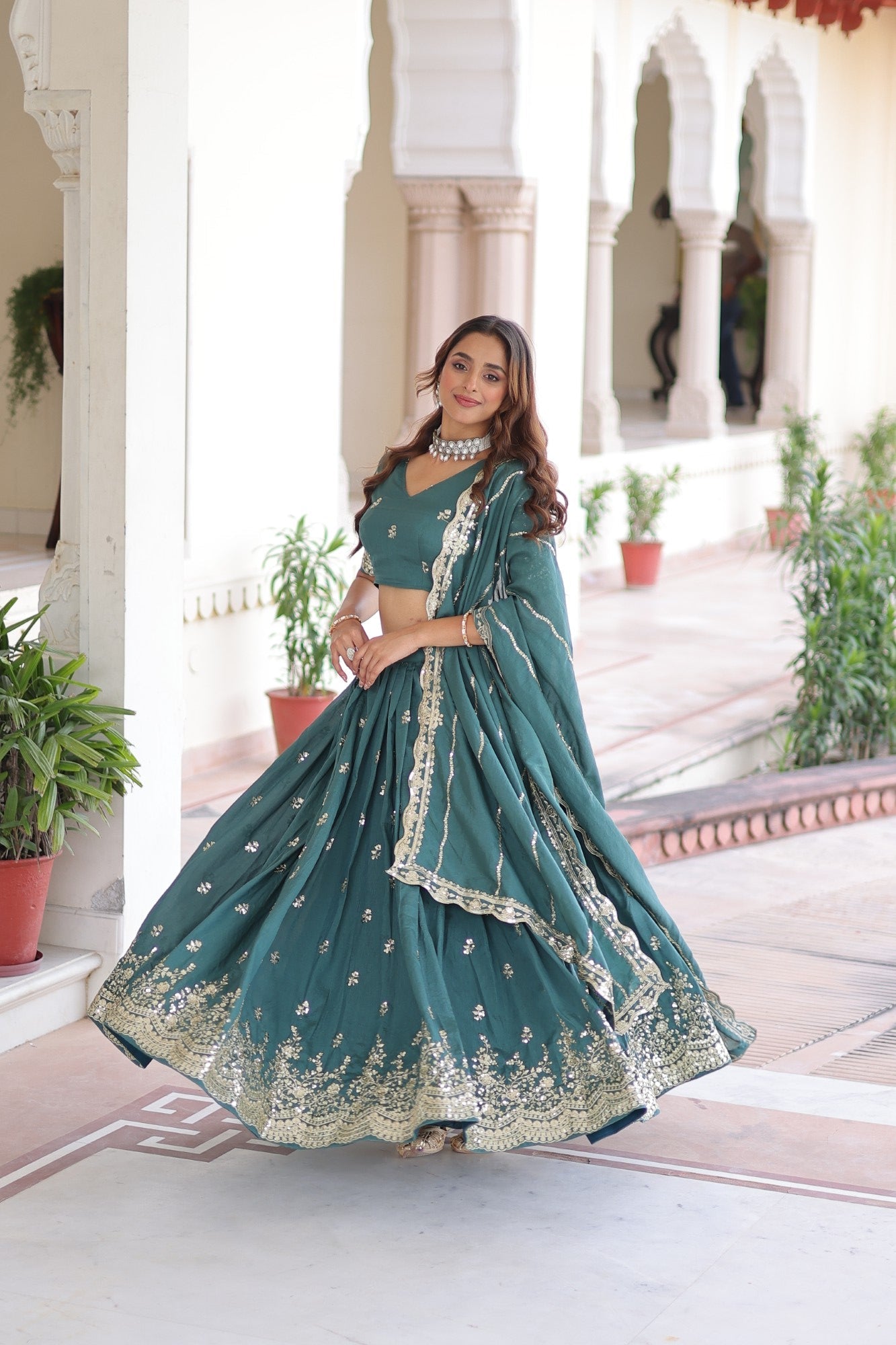 Rama Vichitra Silk Lehenga Choli with Sequins & Zari Embroidery