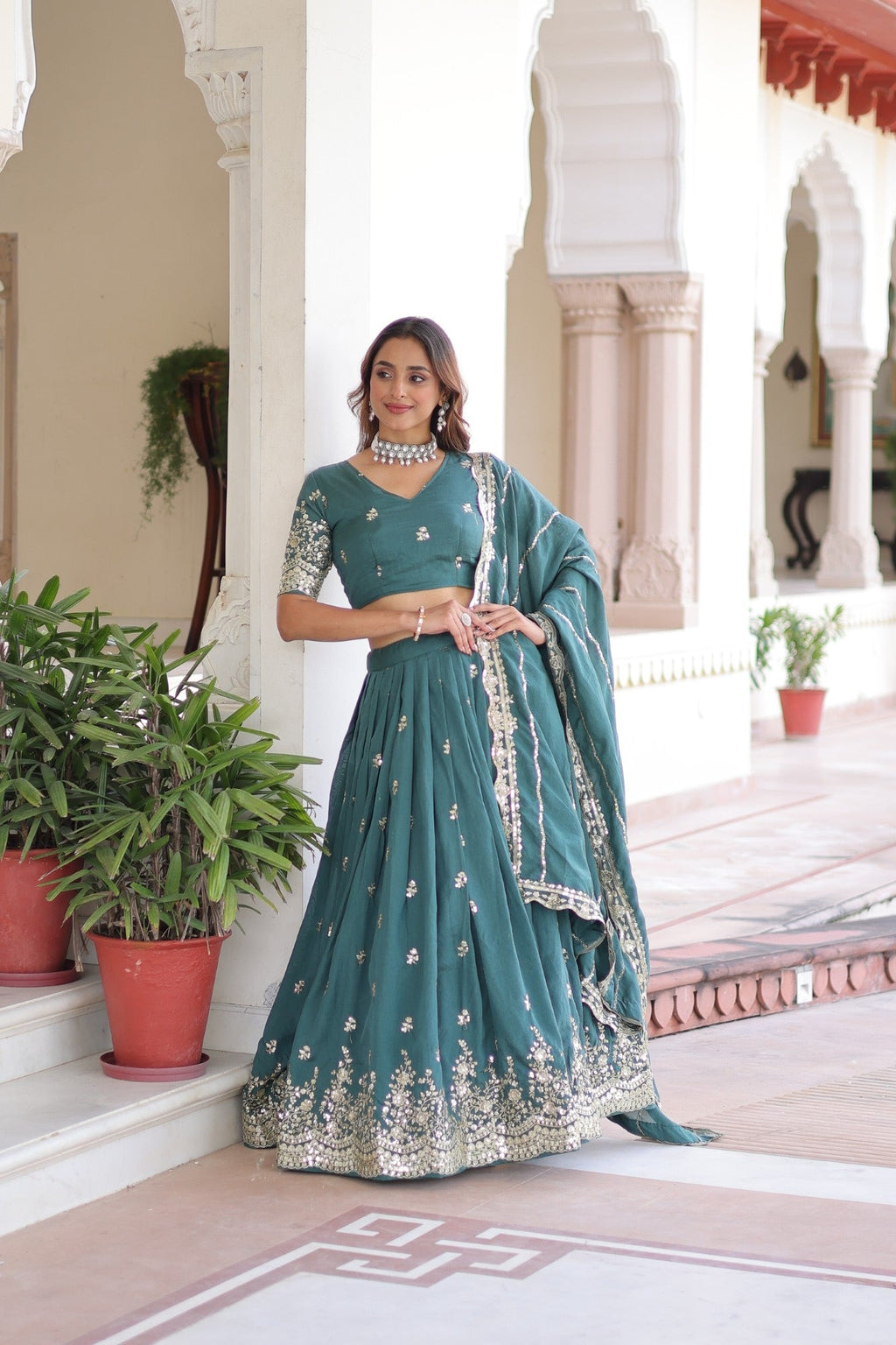 Rama Vichitra Silk Lehenga Choli with Sequins & Zari Embroidery
