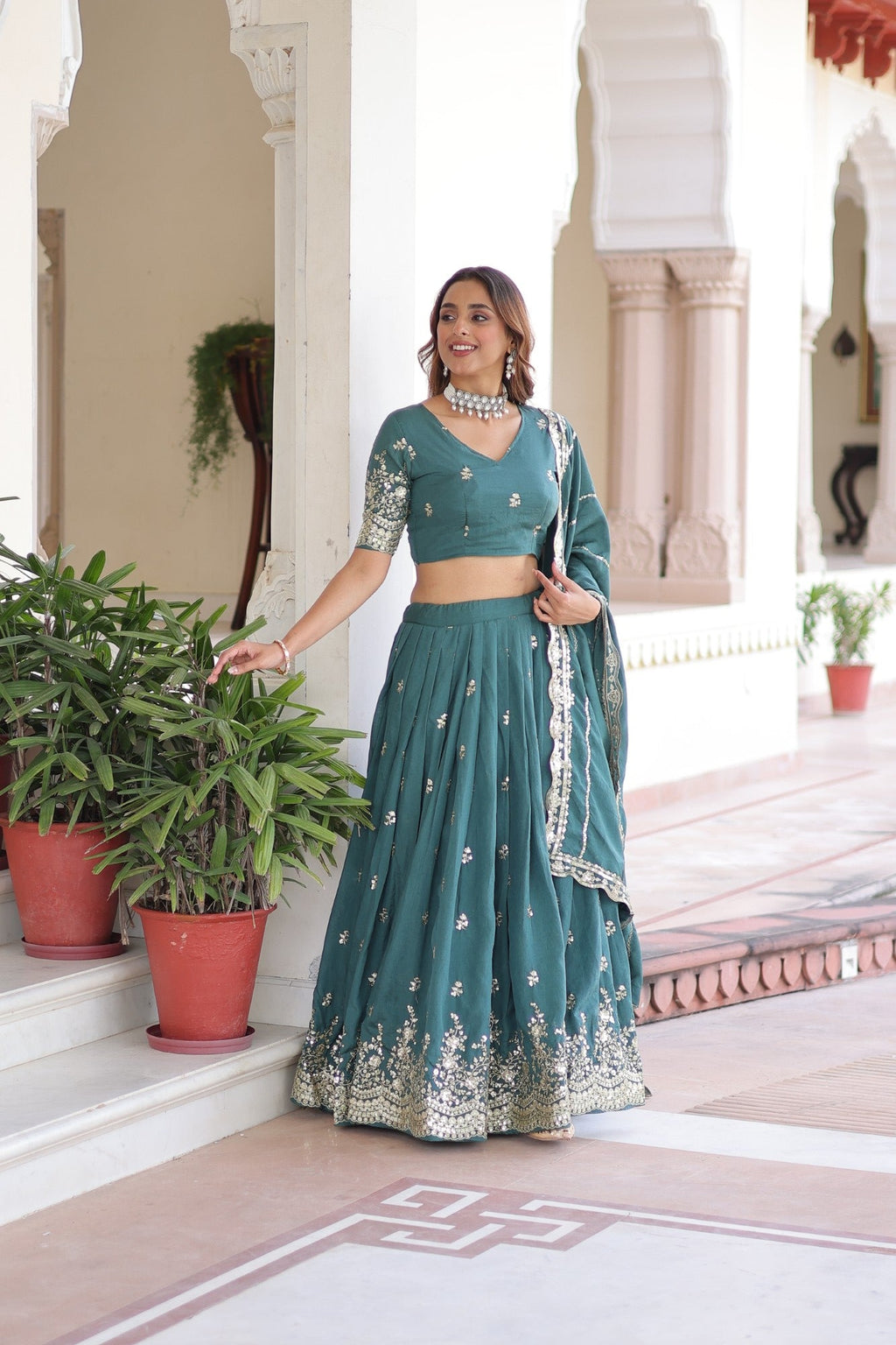 Rama Vichitra Silk Lehenga Choli with Sequins & Zari Embroidery
