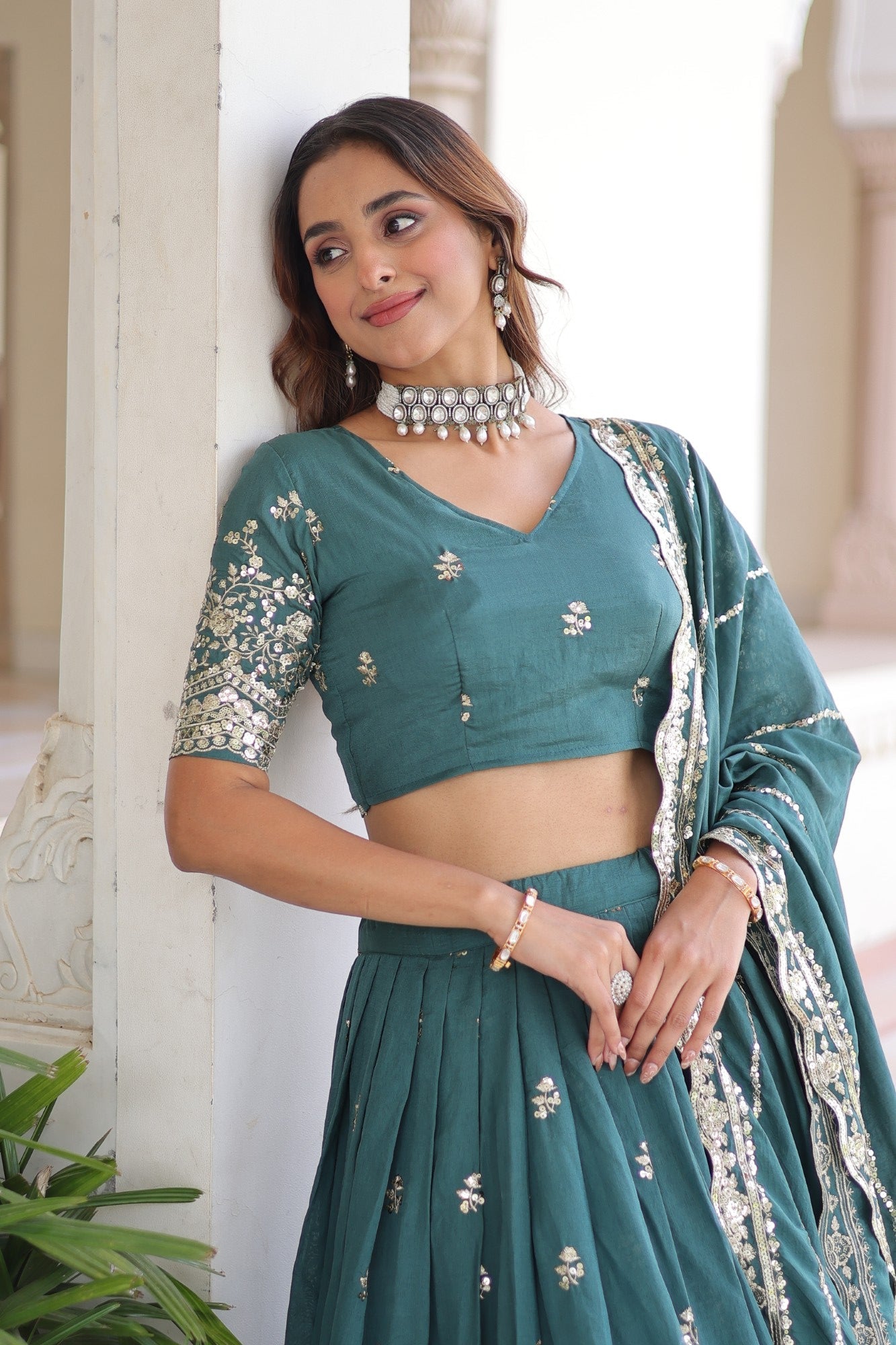 Rama Vichitra Silk Lehenga Choli with Sequins & Zari Embroidery