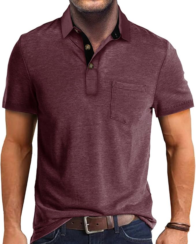 A stylish men's short sleeve cotton polo shirt with a classic lapel collar and button detailing in a solid color.