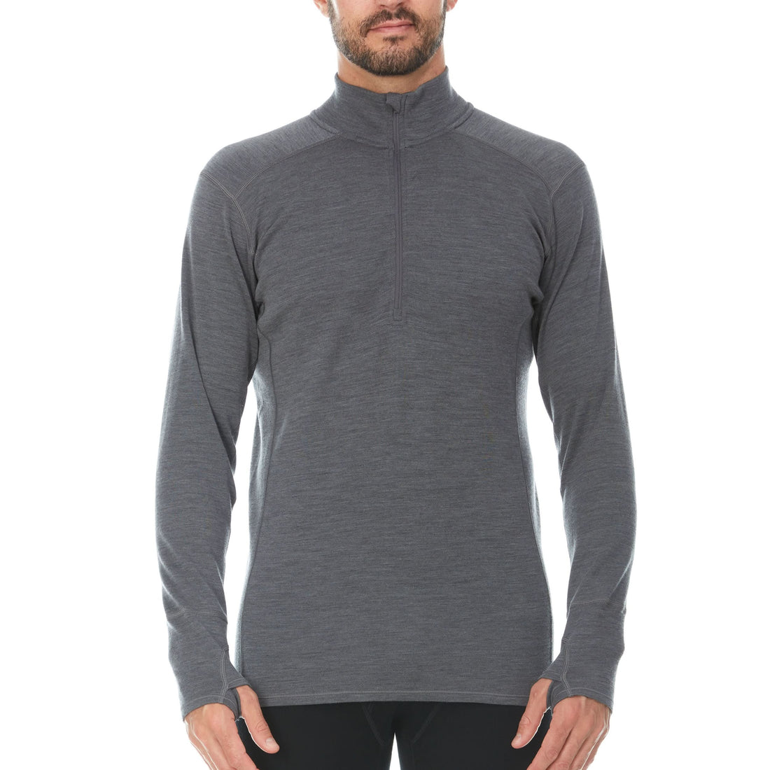 Men's midweight merino wool 1/4 zip pullover in solid color, displayed in grey, green, and orange.