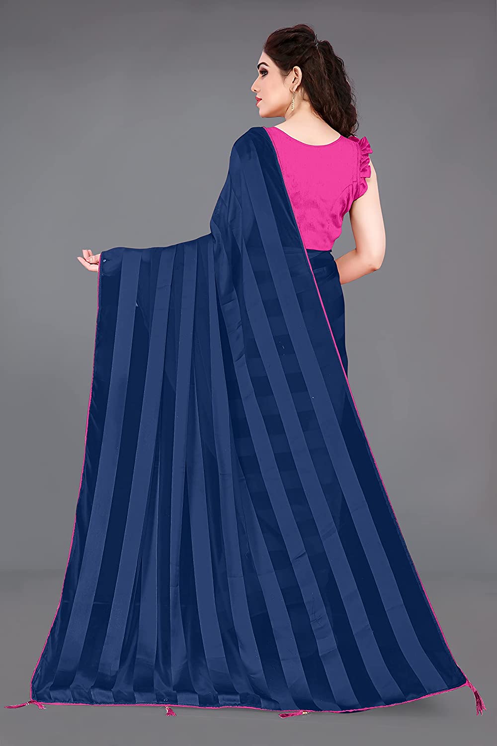 Women's Georgette Saree with Satin Stripes and Contrast Border