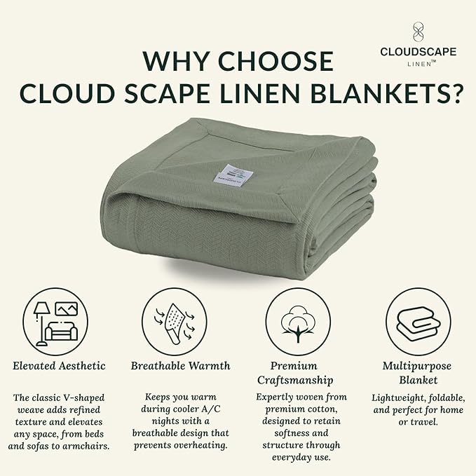 Cloud Scape Linen Herringbone Cotton Throw Blanket for Couch, Bed,Sofa, Home Decor, Soft, Lightweight, All-Season Bed Blanket, 50 x 70, Olive Green